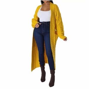 Winter Cable Knit Chunky Yellow Long Sweater Cardigan Coat Size Small